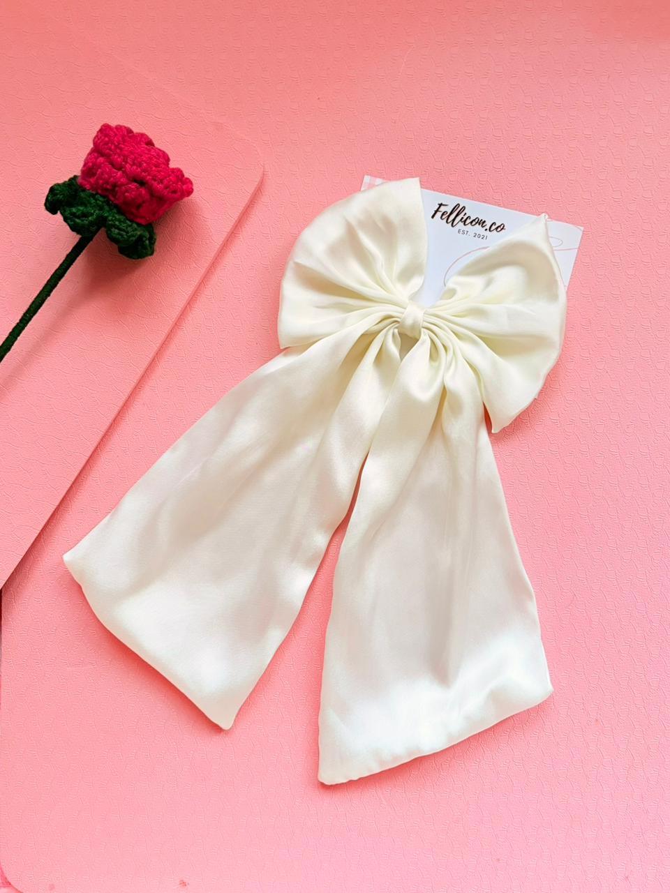Ivory Satin Wedding Hair Bow, Long Tail Bridal Hair Clip, Elegant Minimalist Accessory