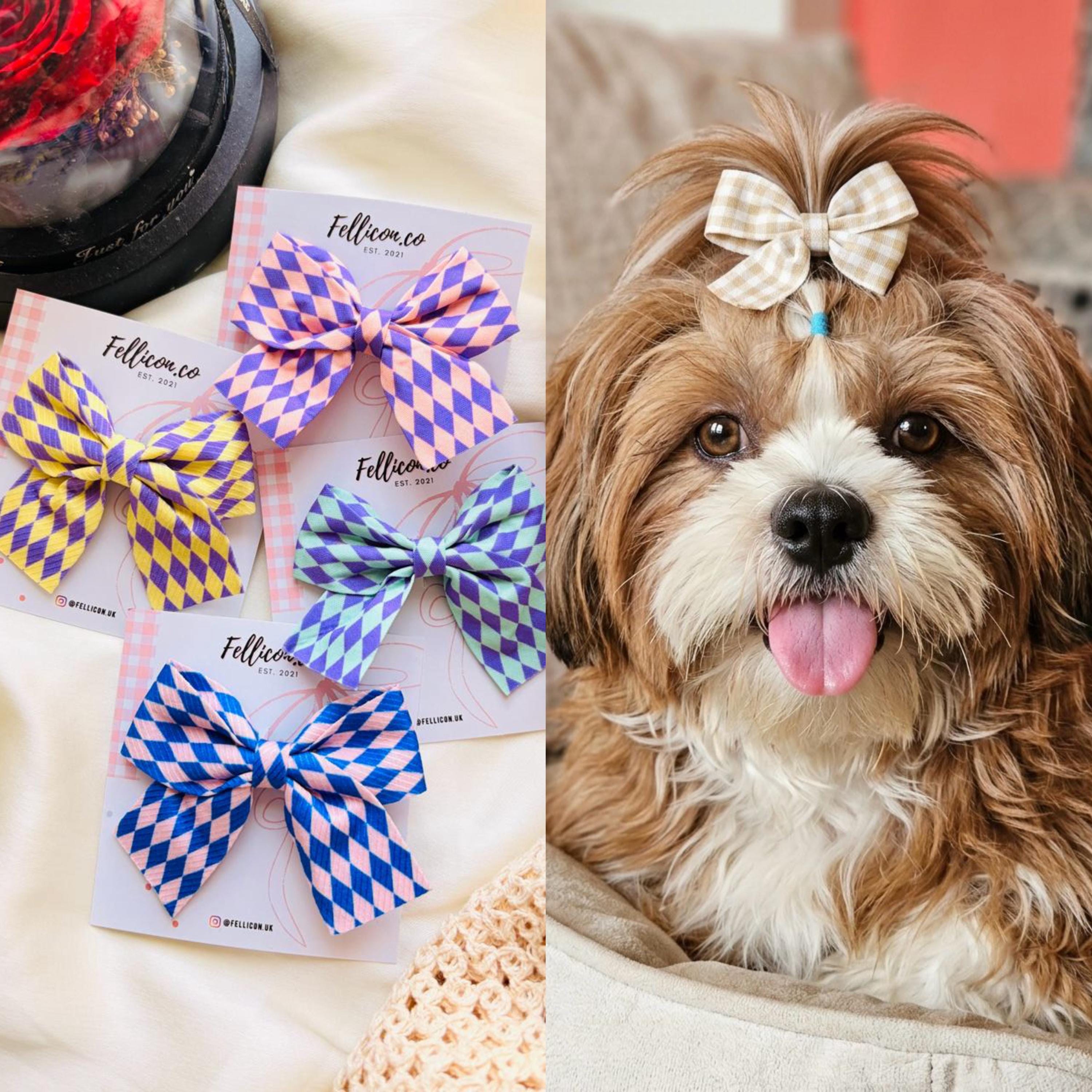 Gingham Dog Bows (Pack of 4), Plaid Puppy Top Knot Clip, Small Dog Accessories