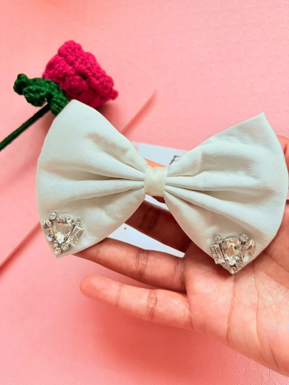 White Satin Bridal Hair Bow with Rhinestone Crystals – Elegant Wedding Hairpiece