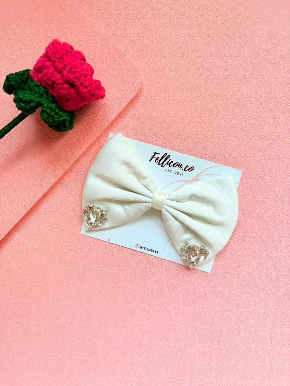 White Satin Bridal Hair Bow with Rhinestone Crystals – Elegant Wedding Hairpiece