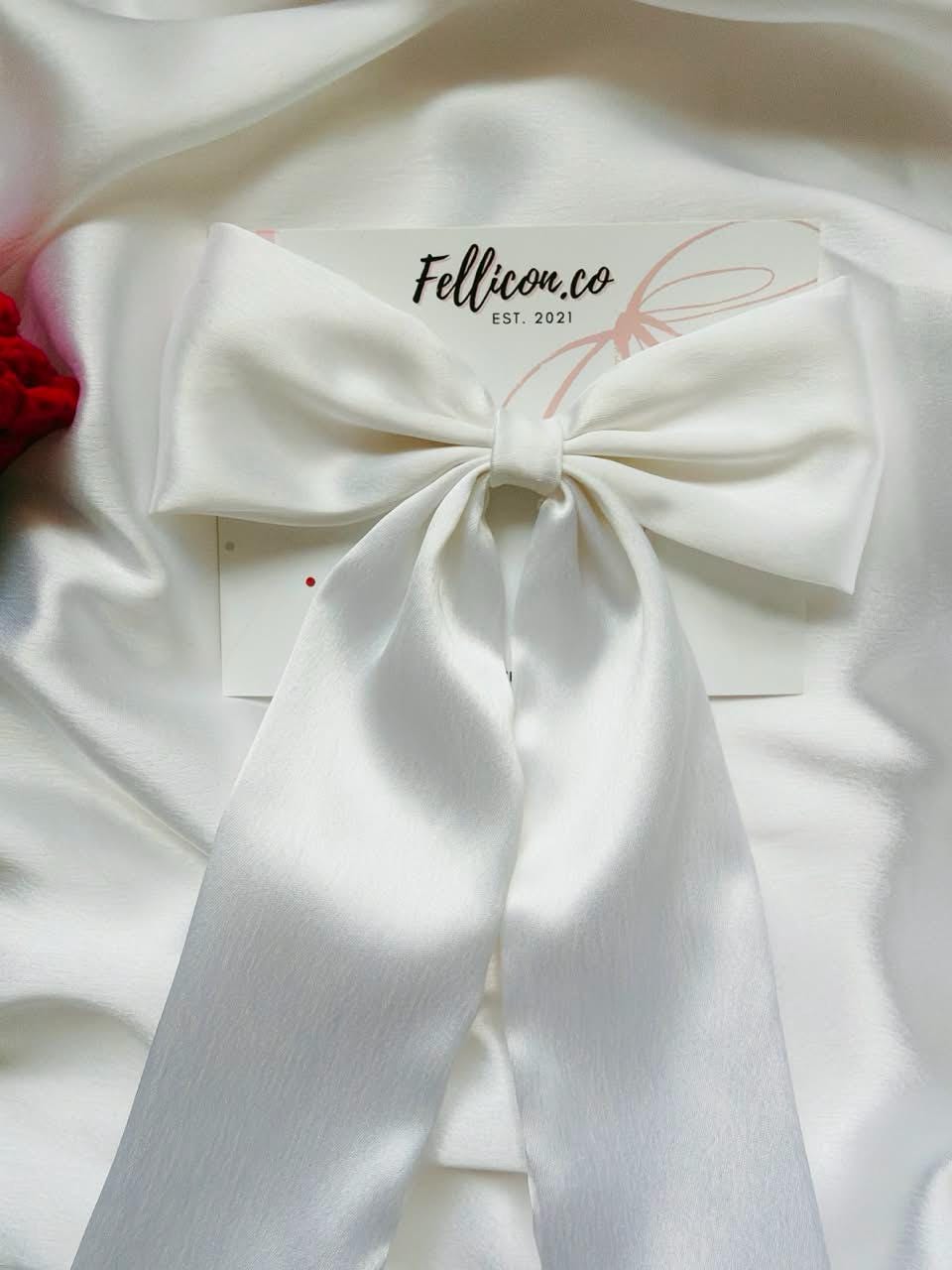 White Satin Bridal Hair Bow | Long Tails, Wedding Veil Alternative, Elegant Clip