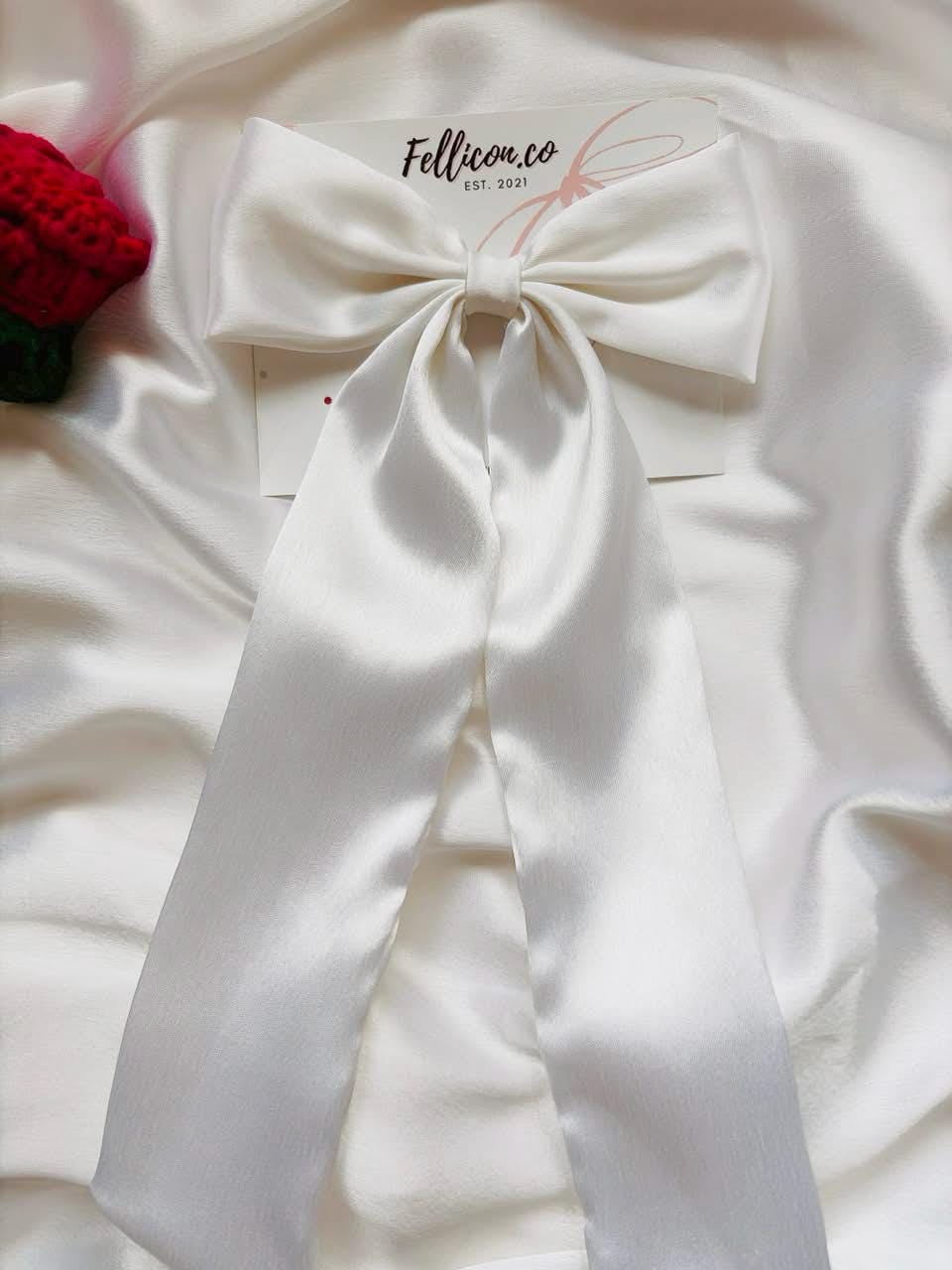 White Satin Bridal Hair Bow | Long Tails, Wedding Veil Alternative, Elegant Clip