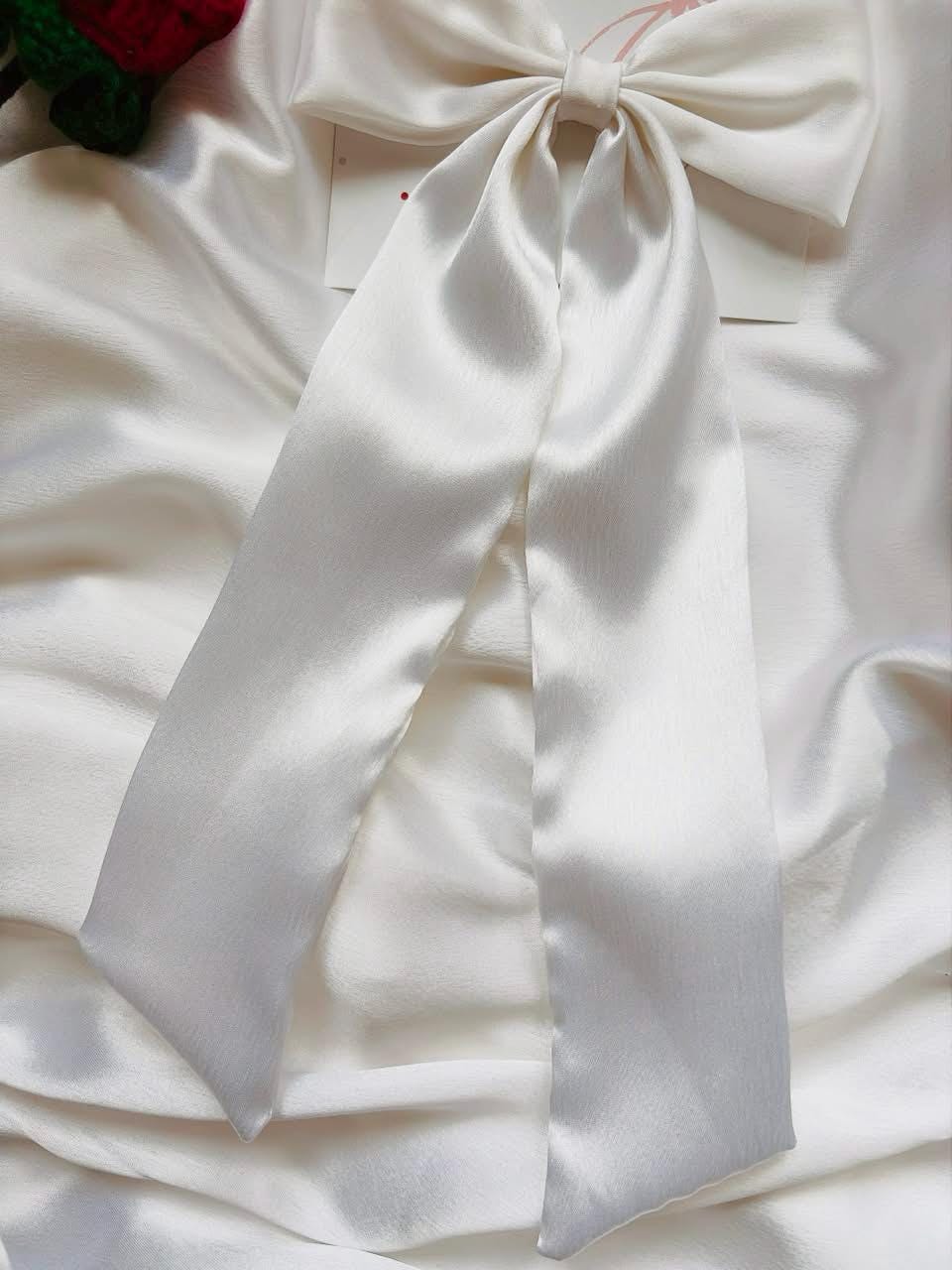 White Satin Bridal Hair Bow | Long Tails, Wedding Veil Alternative, Elegant Clip