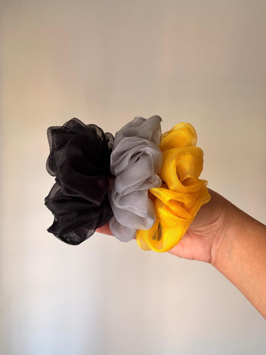 Oversized Organza Scrunchies (3 Pack) | Sheer Voluminous Hair Ties | Yellow, Grey, Black