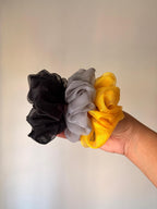 Oversized Organza Scrunchies (3 Pack) | Sheer Voluminous Hair Ties | Yellow, Grey, Black