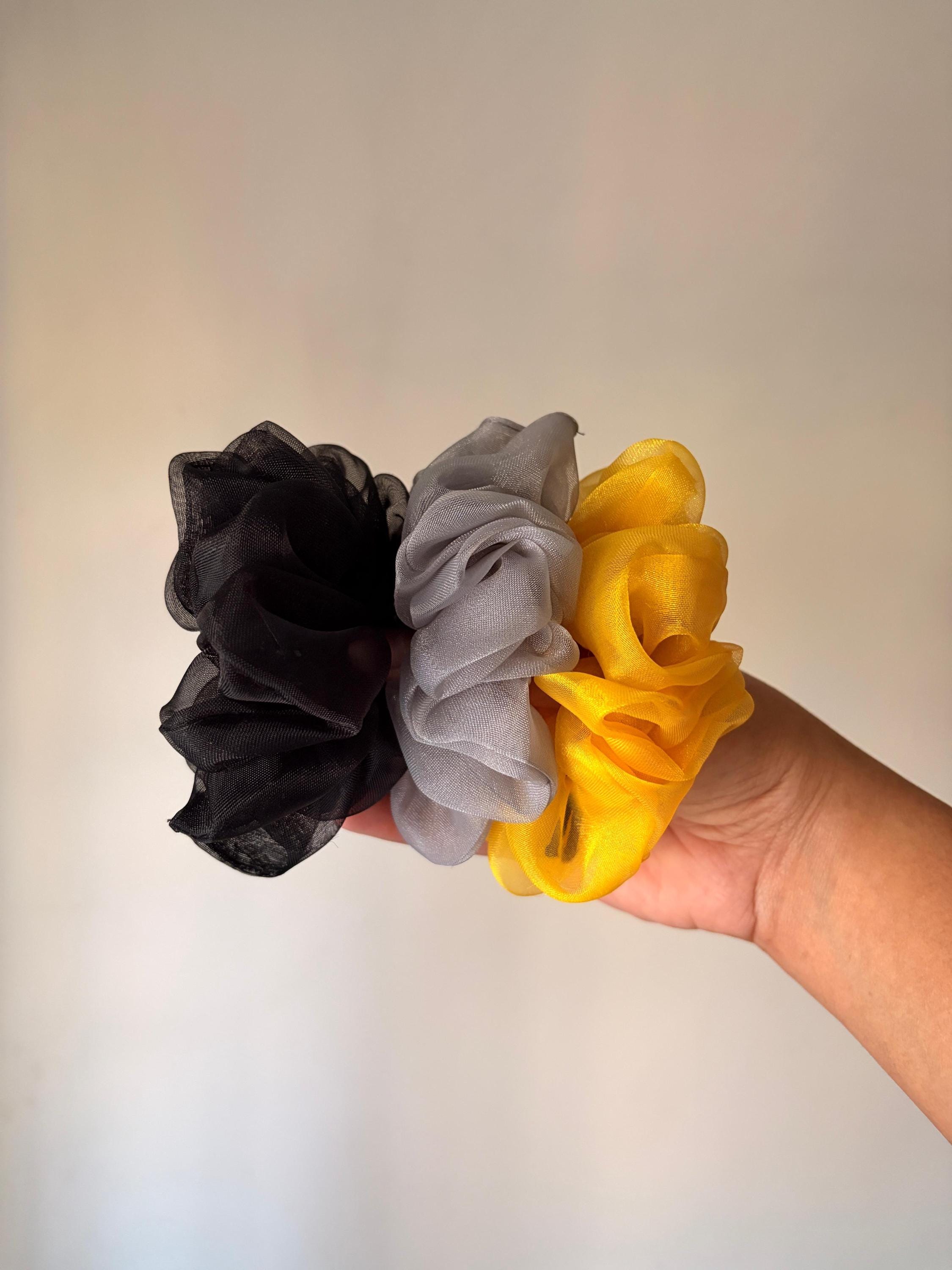 Oversized Organza Scrunchies (3 Pack) | Sheer Voluminous Hair Ties | Yellow, Grey, Black