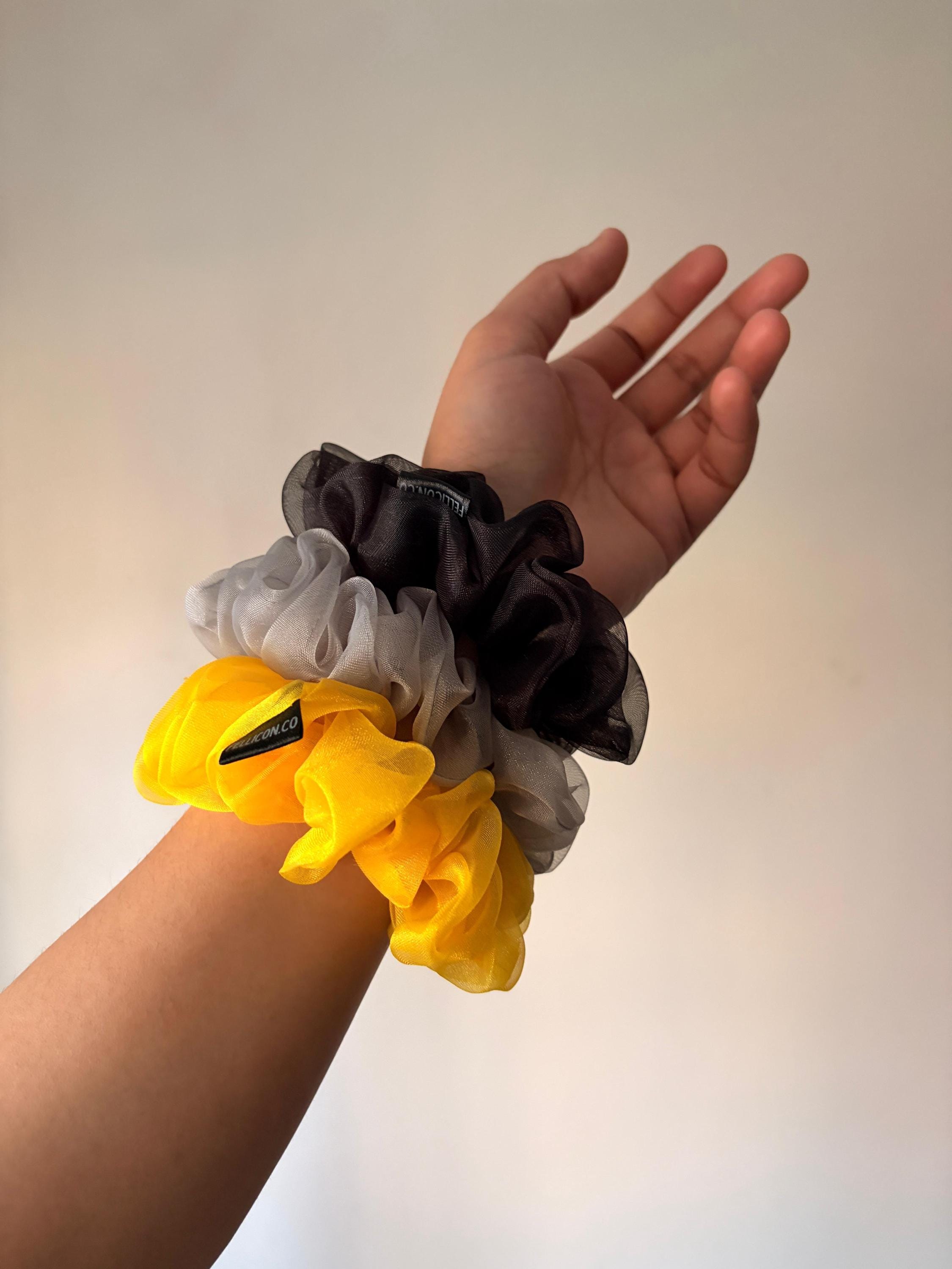 Oversized Organza Scrunchies (3 Pack) | Sheer Voluminous Hair Ties | Yellow, Grey, Black
