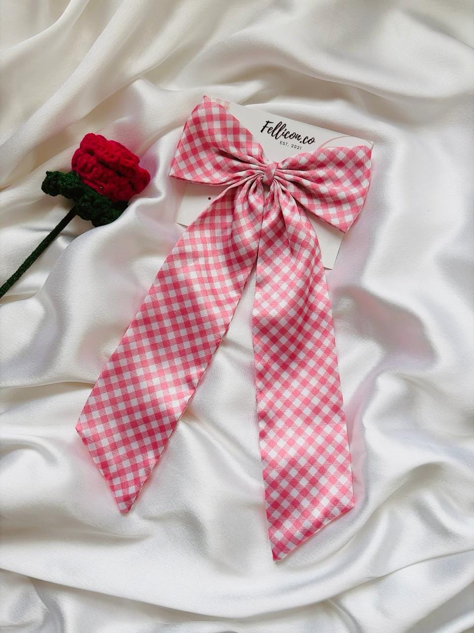 Pink & White Checkered Satin Gingham Long Tail Hair Bow for Women | Gift for her