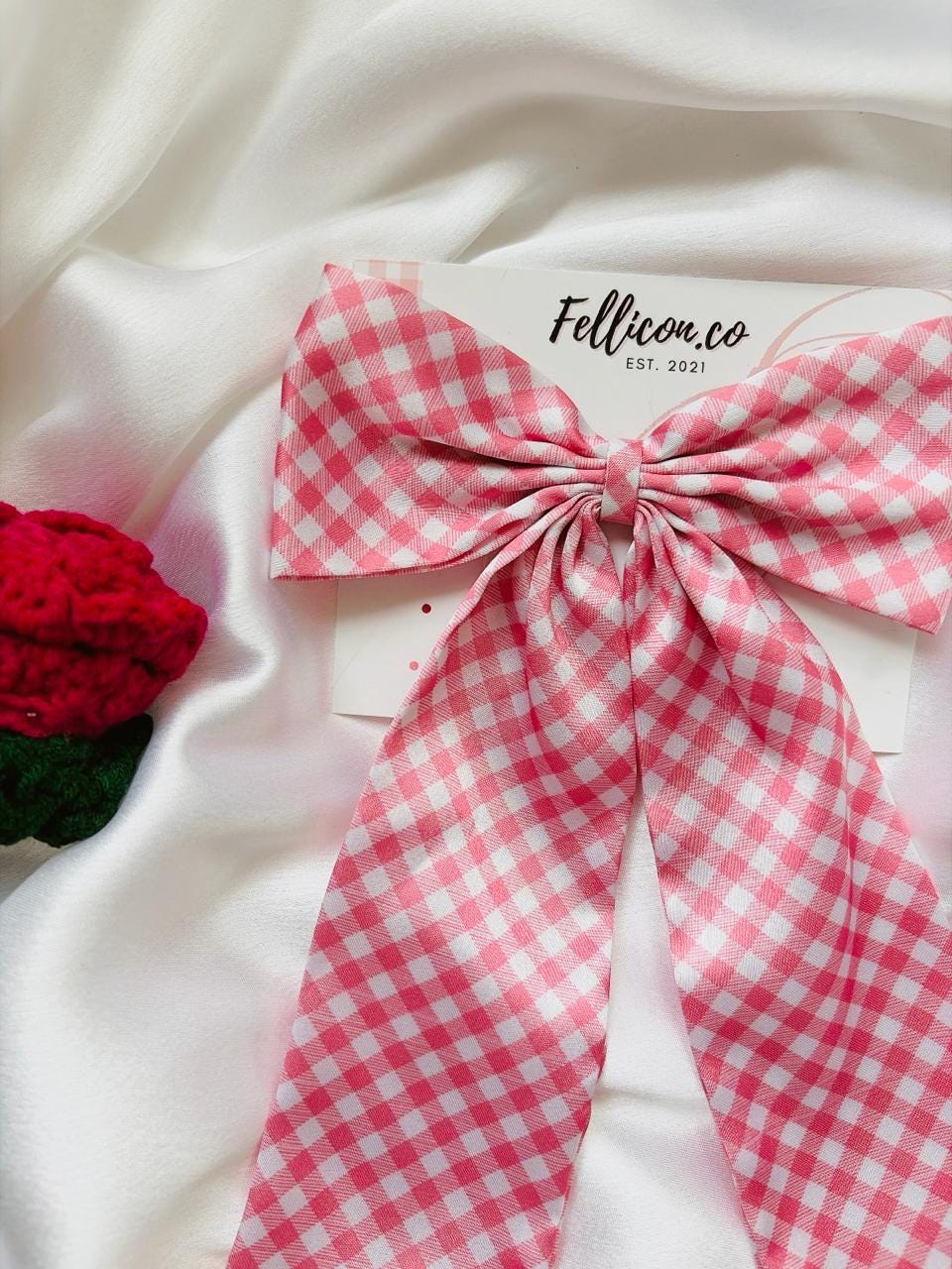 Pink & White Checkered Satin Gingham Long Tail Hair Bow for Women | Gift for her