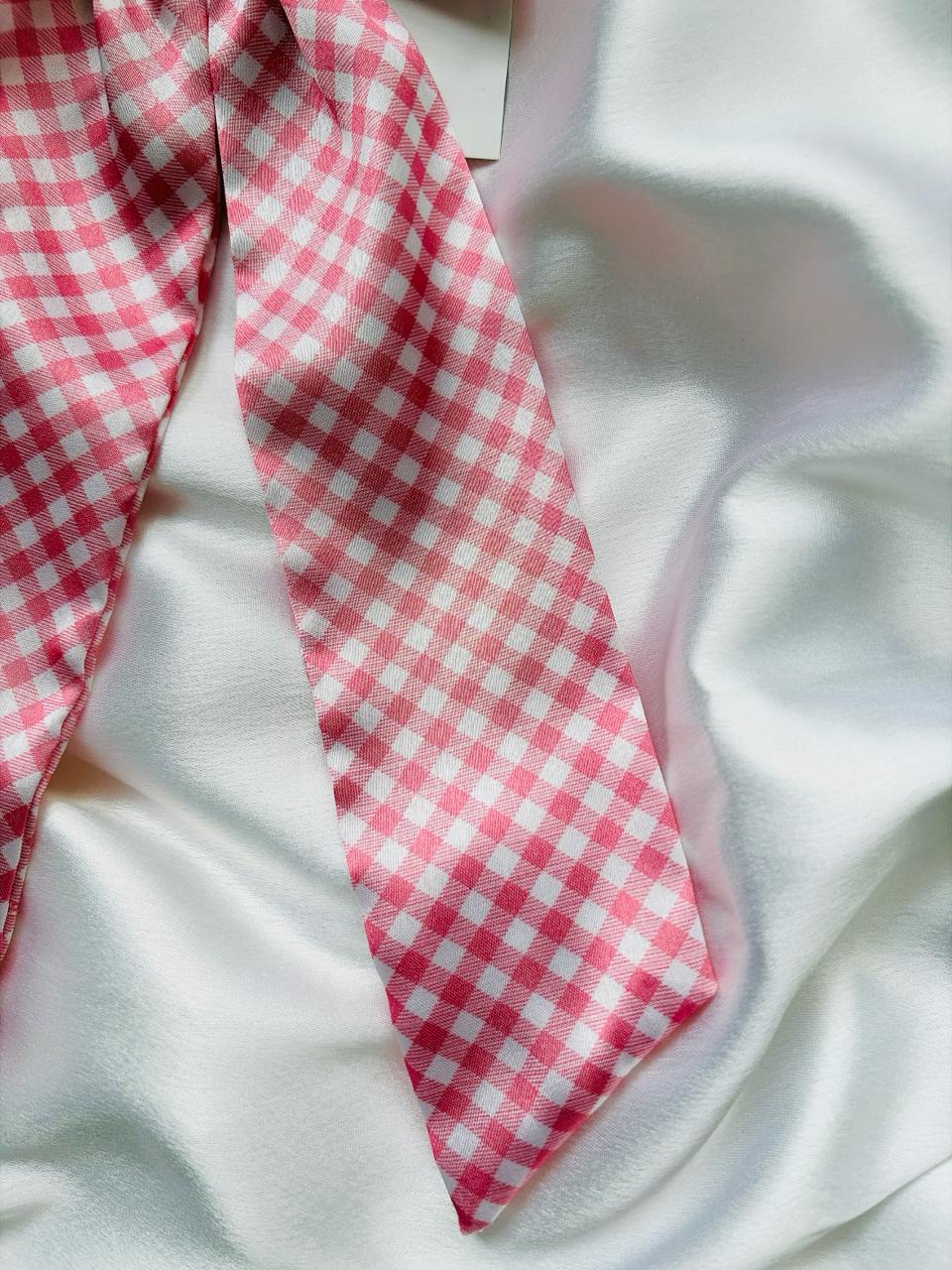 Pink & White Checkered Satin Gingham Long Tail Hair Bow for Women | Gift for her