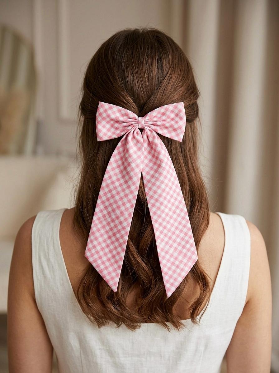 Pink & White Checkered Satin Gingham Long Tail Hair Bow for Women | Gift for her