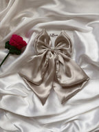 Oversized Satin Hair Bow, Silver Grey Statement Piece, Bridal Hair Clip