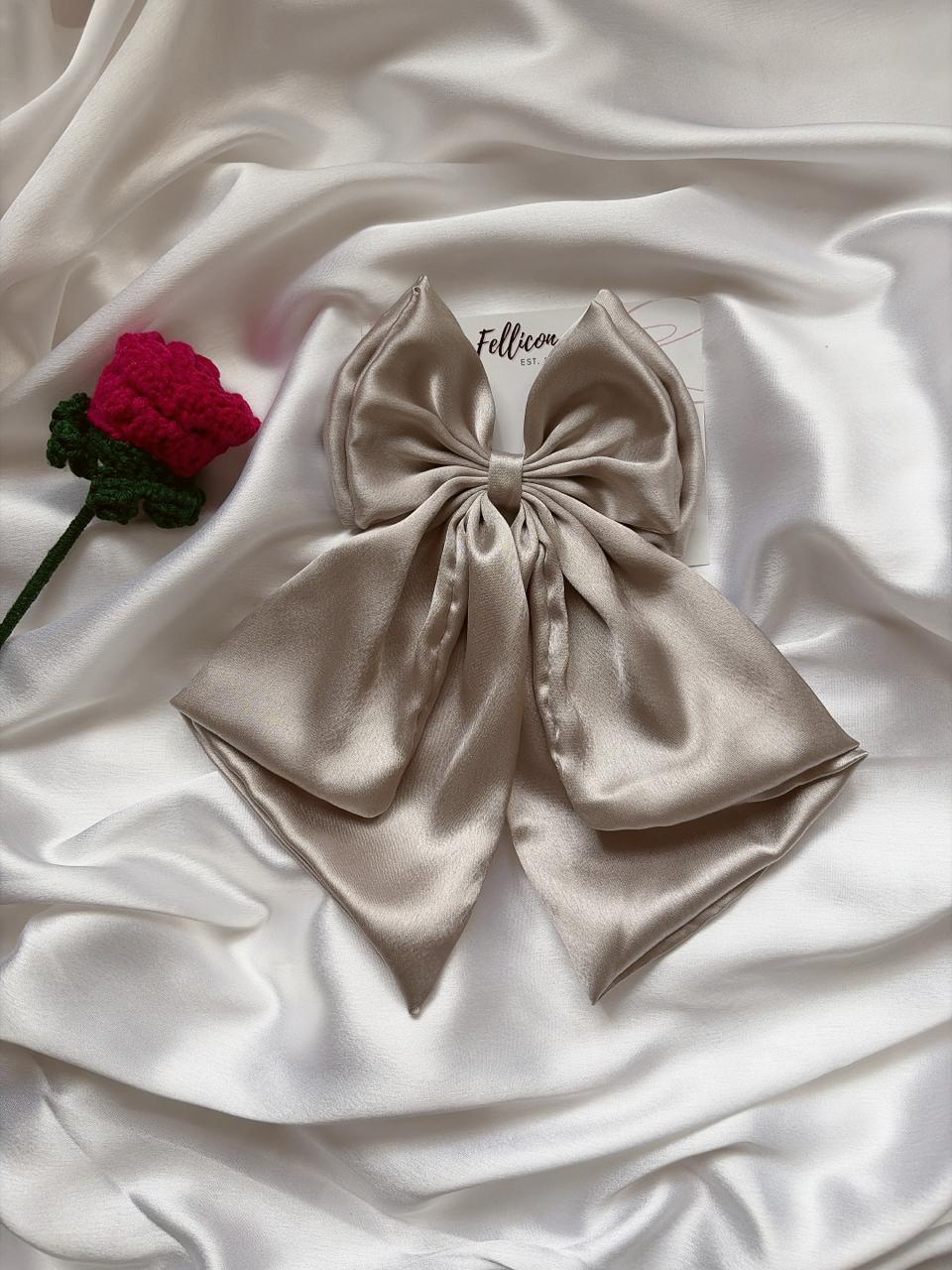 Oversized Satin Hair Bow, Silver Grey Statement Piece, Bridal Hair Clip