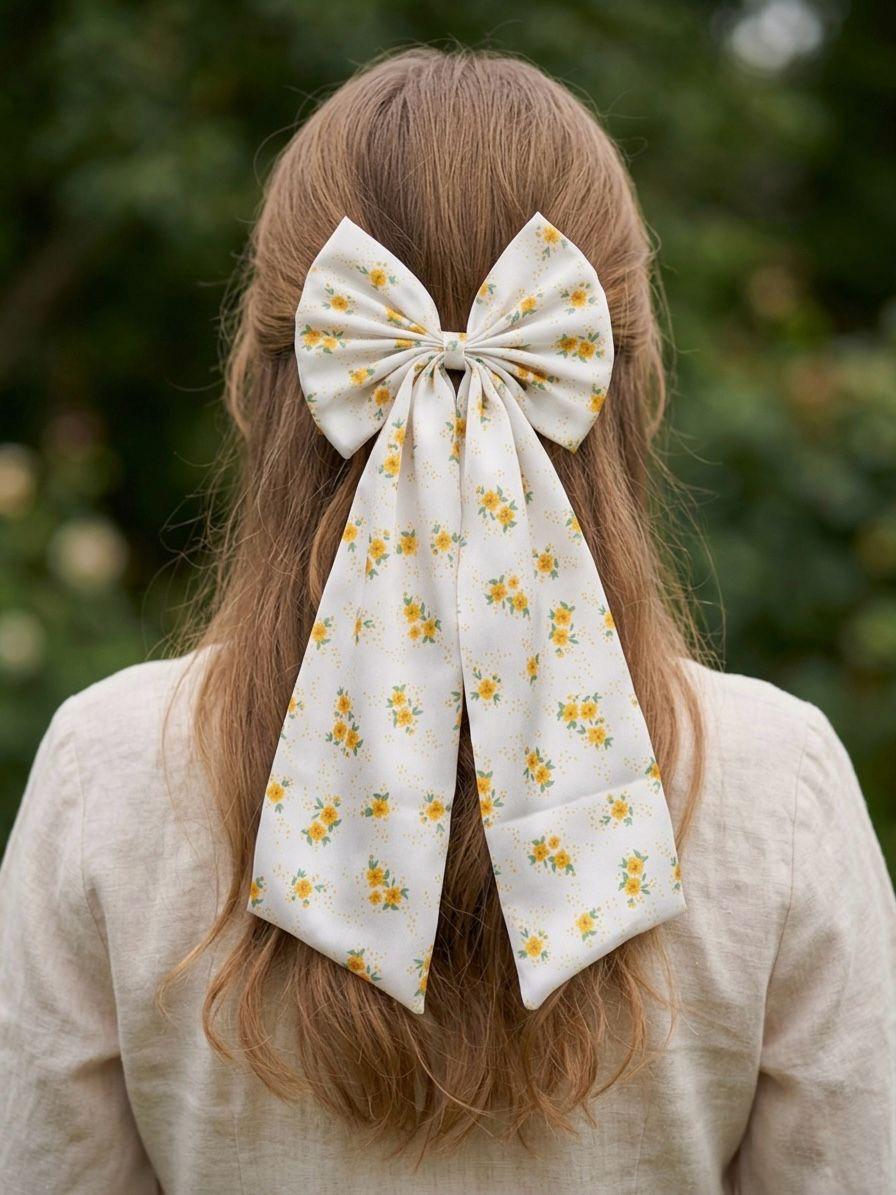 Floral Satin Hair Bow with Long Tails, Cottagecore White Yellow Flower Clip