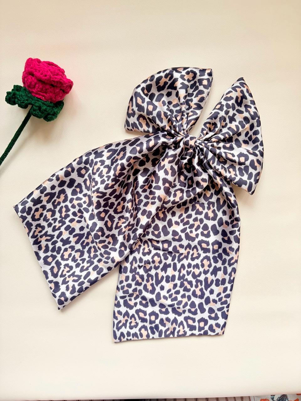 Oversized Leopard Print Satin Hair Bow | Long Tail Cheetah Clip for Women