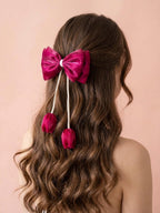 Organza iridescent large hair bow with hanging tulip | coquette statement hair clip