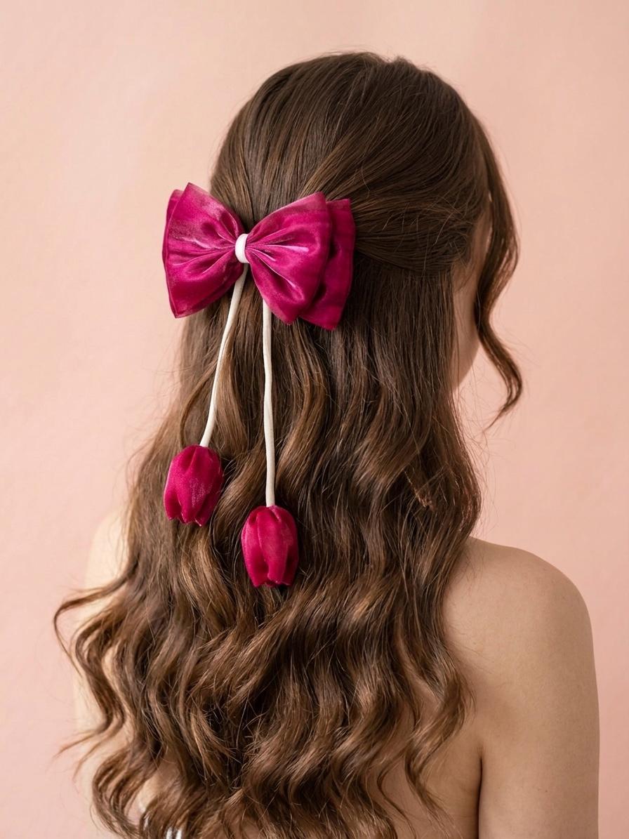 Organza iridescent large hair bow with hanging tulip | coquette statement hair clip