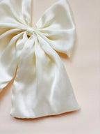 Ivory Satin Fairy Bow, Oversized Bridal Hair Clip with Tails