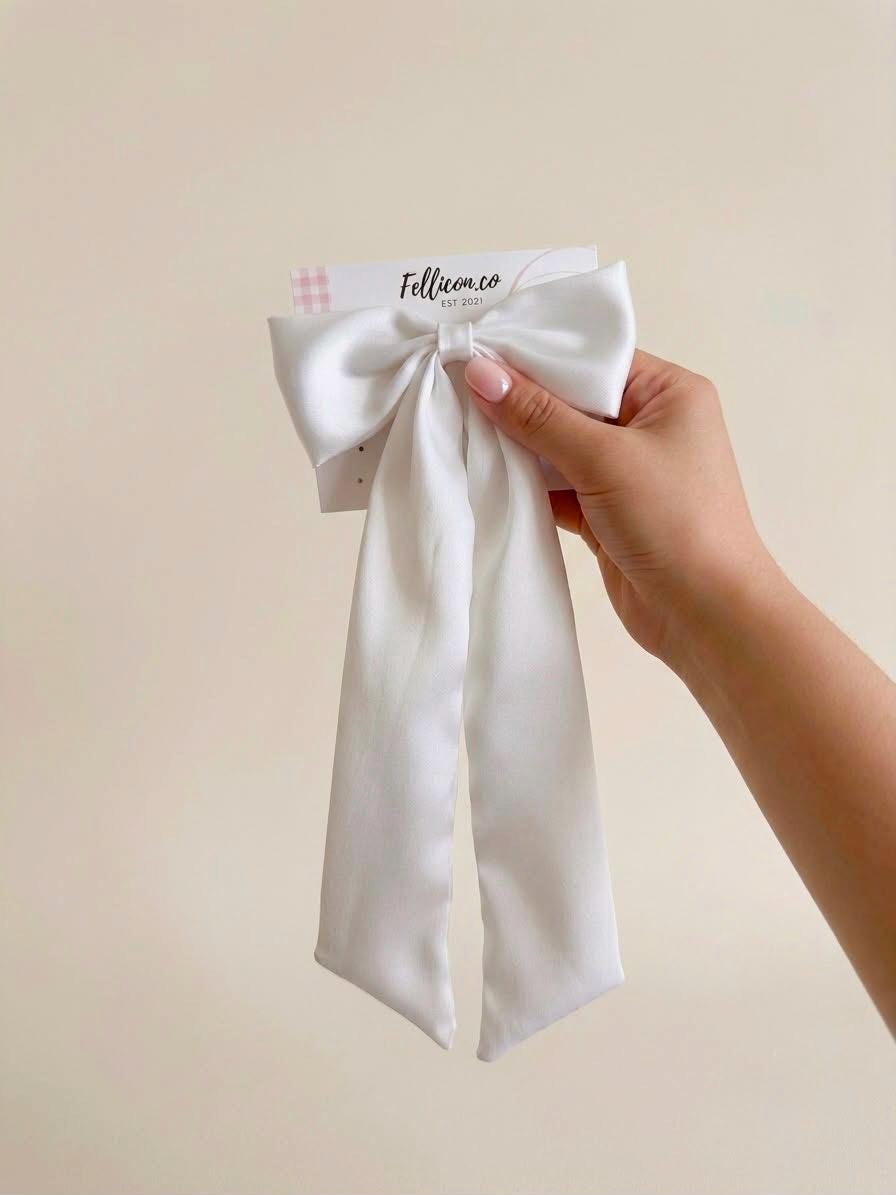 White Satin Bridal Hair Bow | Long Tails, Wedding Veil Alternative, Elegant Clip