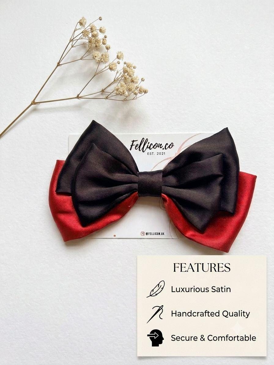 Oversized Black Red Satin Bow Clip, Goth Coquette Hair Accessory, Vampire Silk Bow