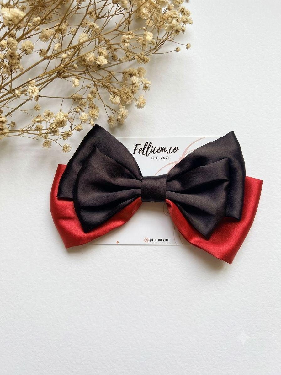 Oversized Black Red Satin Bow Clip, Goth Coquette Hair Accessory, Vampire Silk Bow