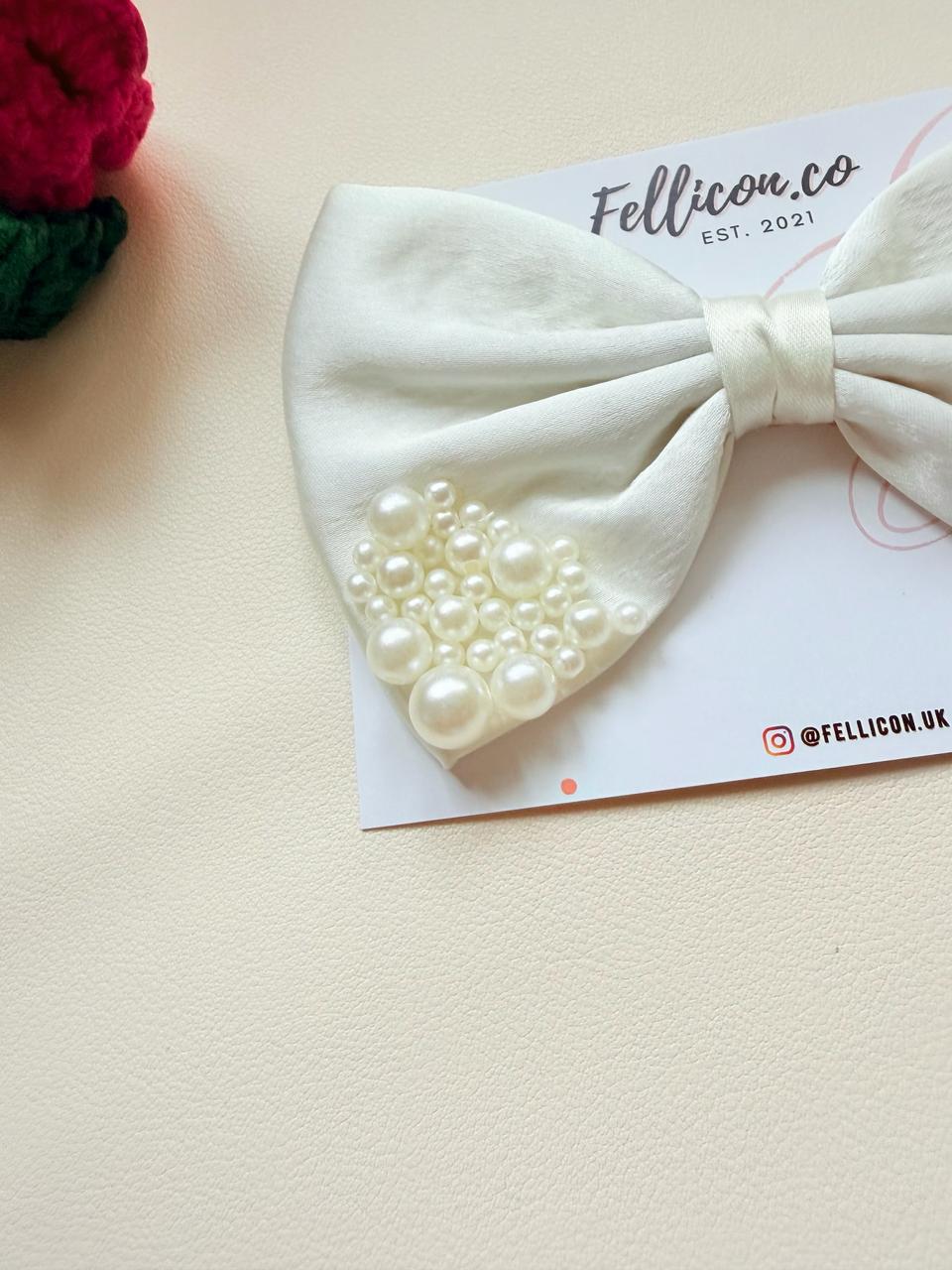 Ivory Satin Pearl Wedding Hair Bow, Elegant Bridal Barrette, Coquette Statement Clip