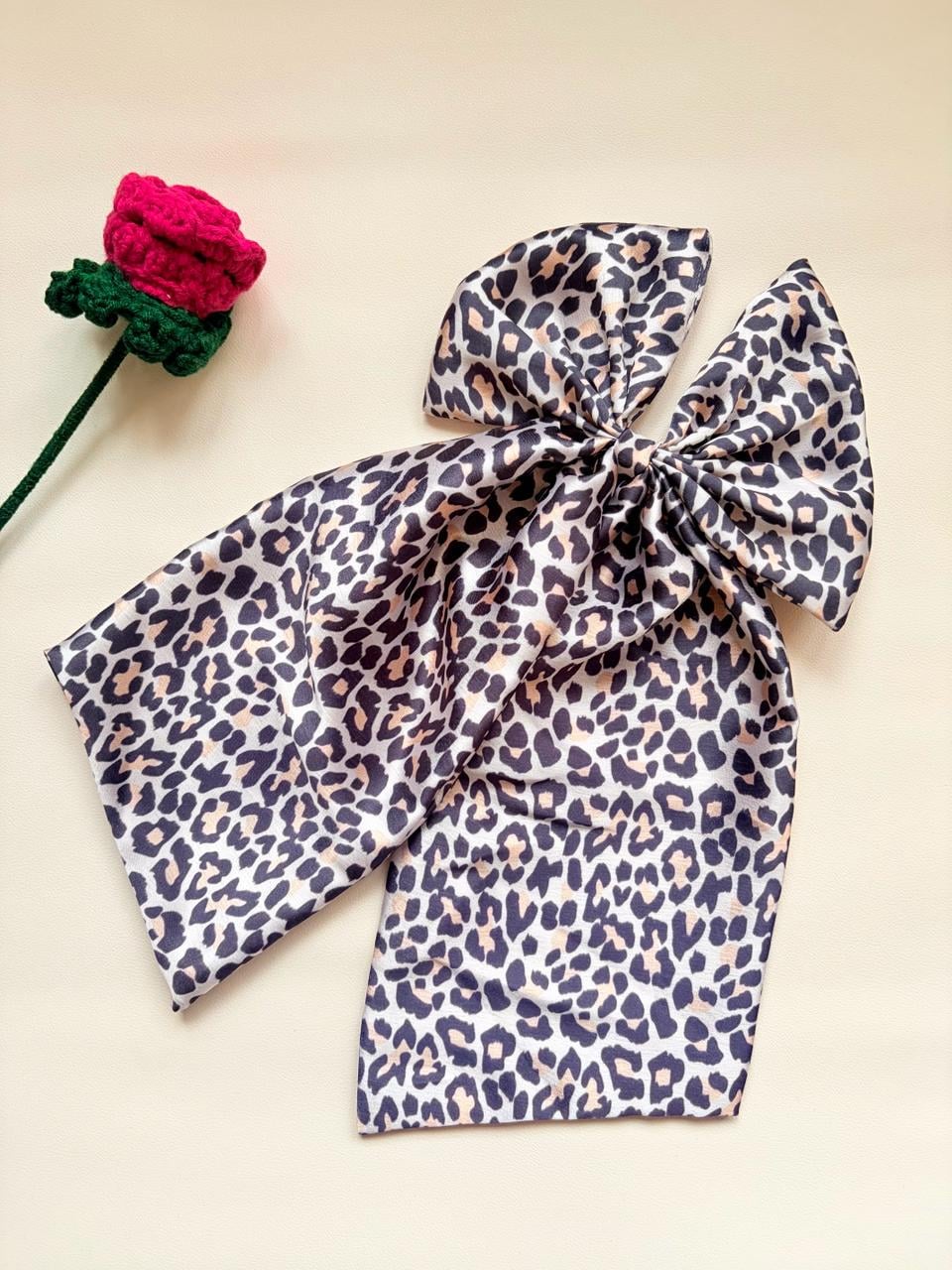 Oversized Leopard Print Satin Hair Bow | Long Tail Cheetah Clip for Women