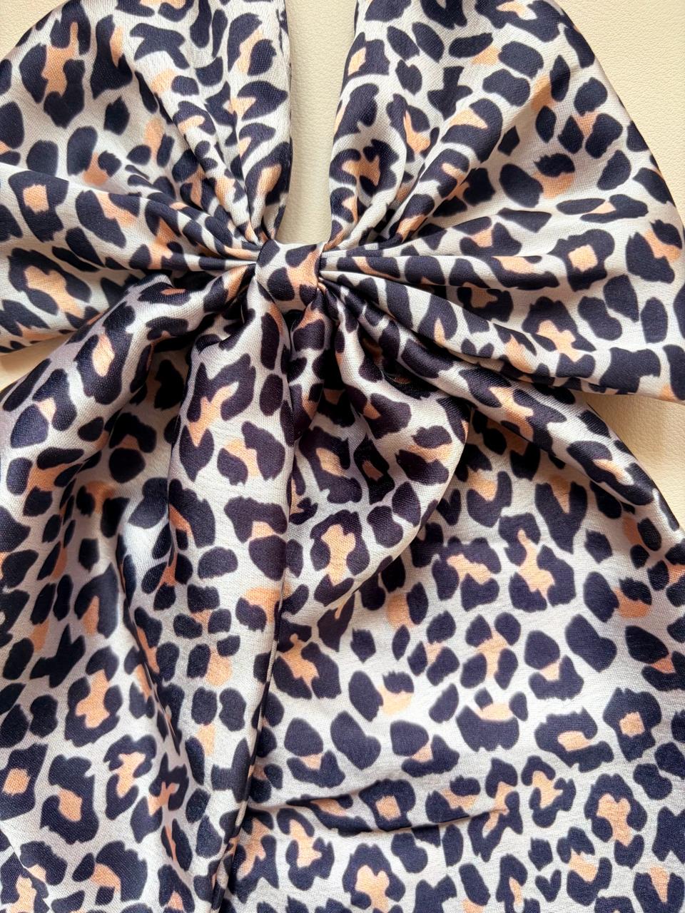 Oversized Leopard Print Satin Hair Bow | Long Tail Cheetah Clip for Women