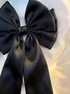 Black Satin Oversized Hair Bow Clip | Long Tail Coquette Accessory