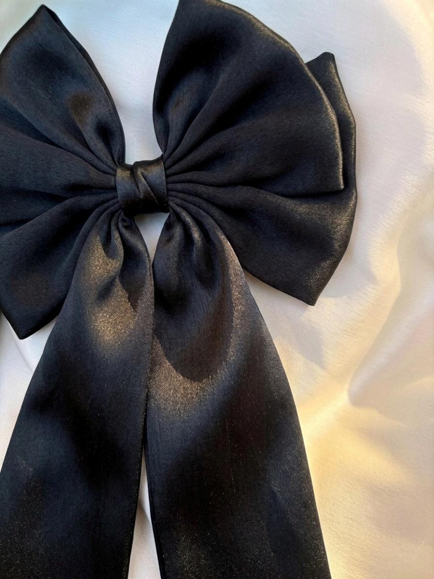 Black Satin Oversized Hair Bow Clip | Long Tail Coquette Accessory