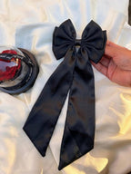 Black Satin Oversized Hair Bow Clip | Long Tail Coquette Accessory