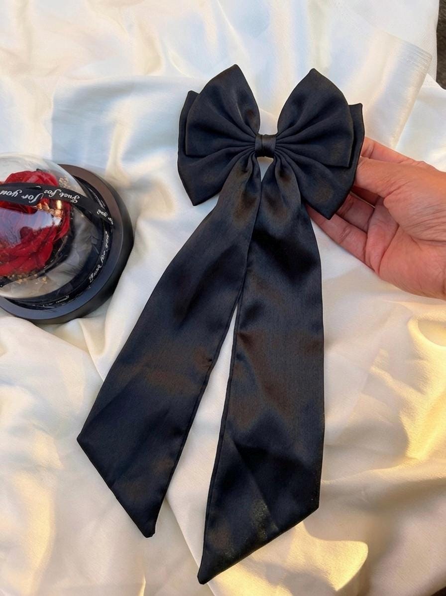Black Satin Oversized Hair Bow Clip | Long Tail Coquette Accessory