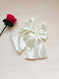 Ivory Satin Fairy Bow, Oversized Bridal Hair Clip with Tails