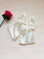 Ivory Satin Fairy Bow, Oversized Bridal Hair Clip with Tails