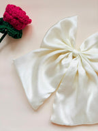 Ivory Satin Fairy Bow, Oversized Bridal Hair Clip with Tails