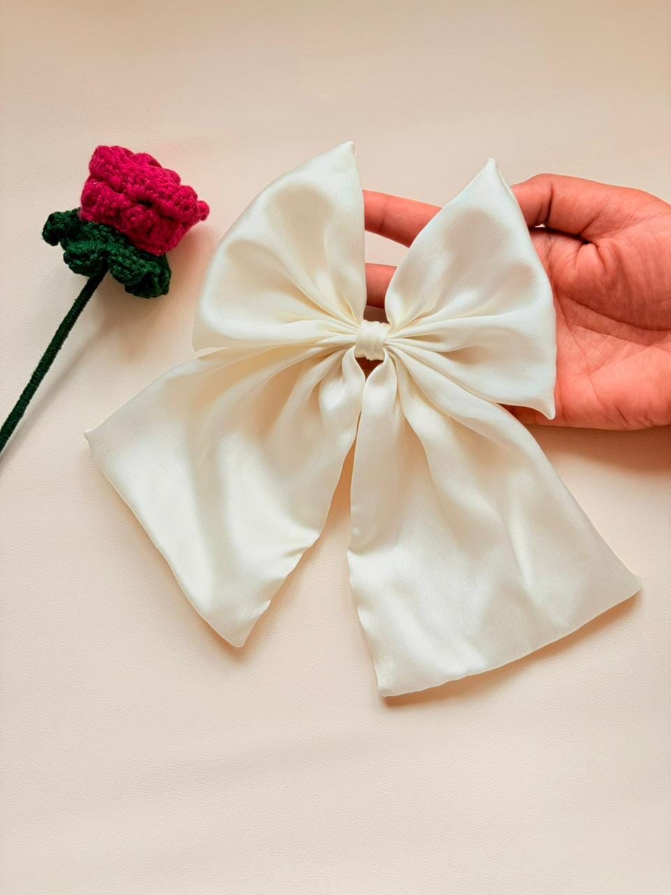 Ivory Satin Fairy Bow, Oversized Bridal Hair Clip with Tails