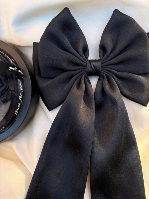 Black Satin Oversized Hair Bow Clip | Long Tail Coquette Accessory