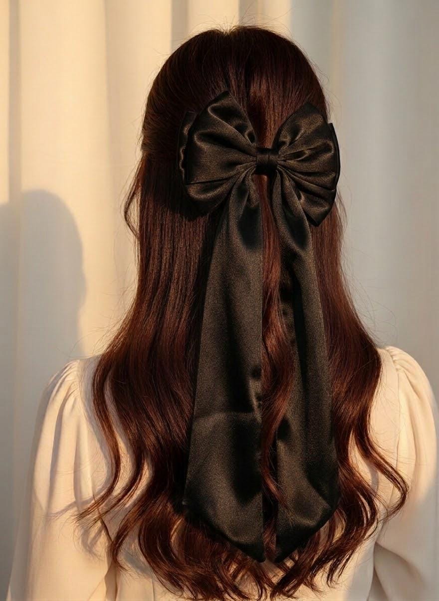 Black Satin Oversized Hair Bow Clip | Long Tail Coquette Accessory