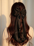 Black Satin Oversized Hair Bow Clip | Long Tail Coquette Accessory