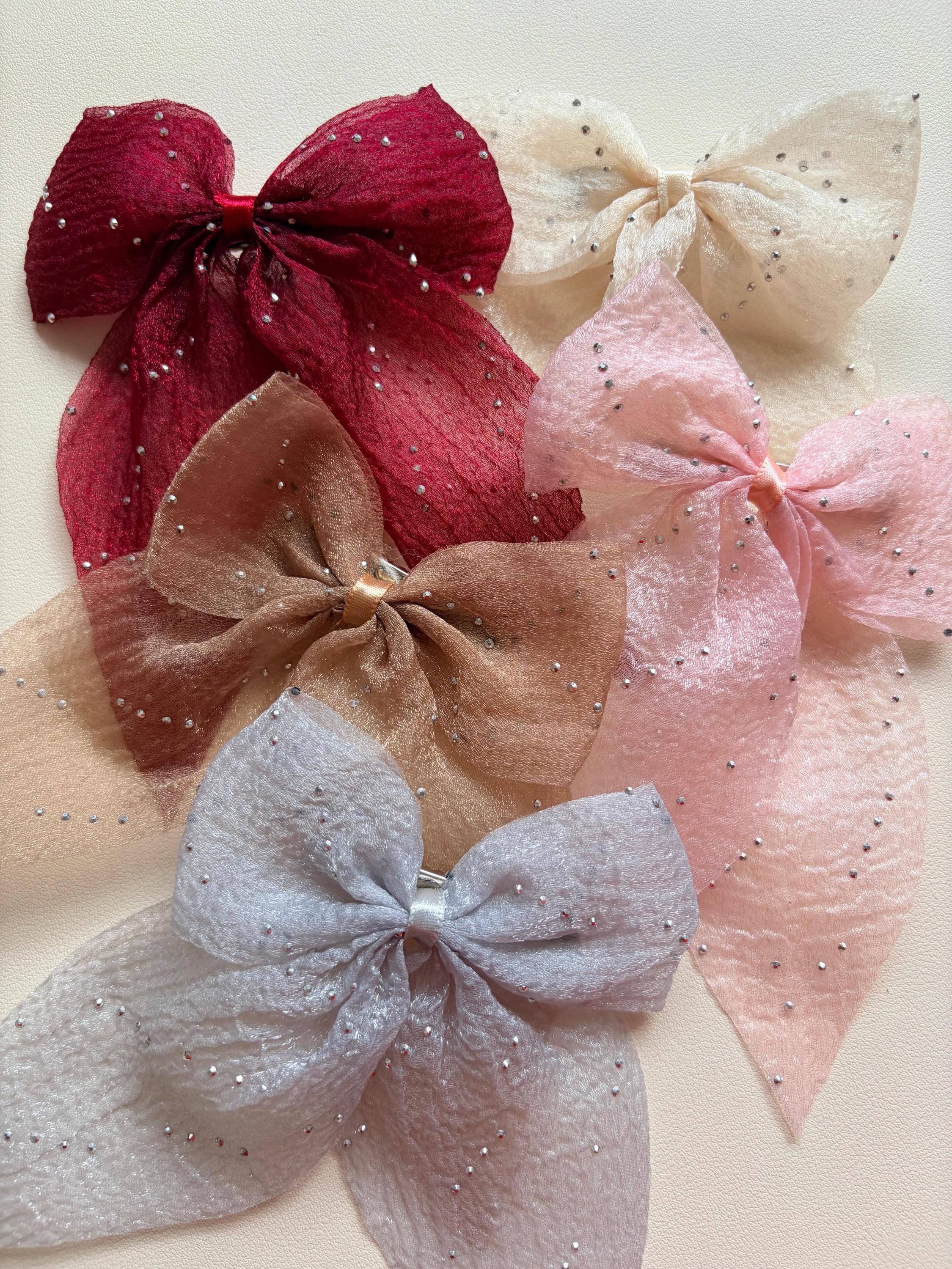 Sparkly Organza Hair Bow with Tails, Rhinestone Crinkle Texture Clip