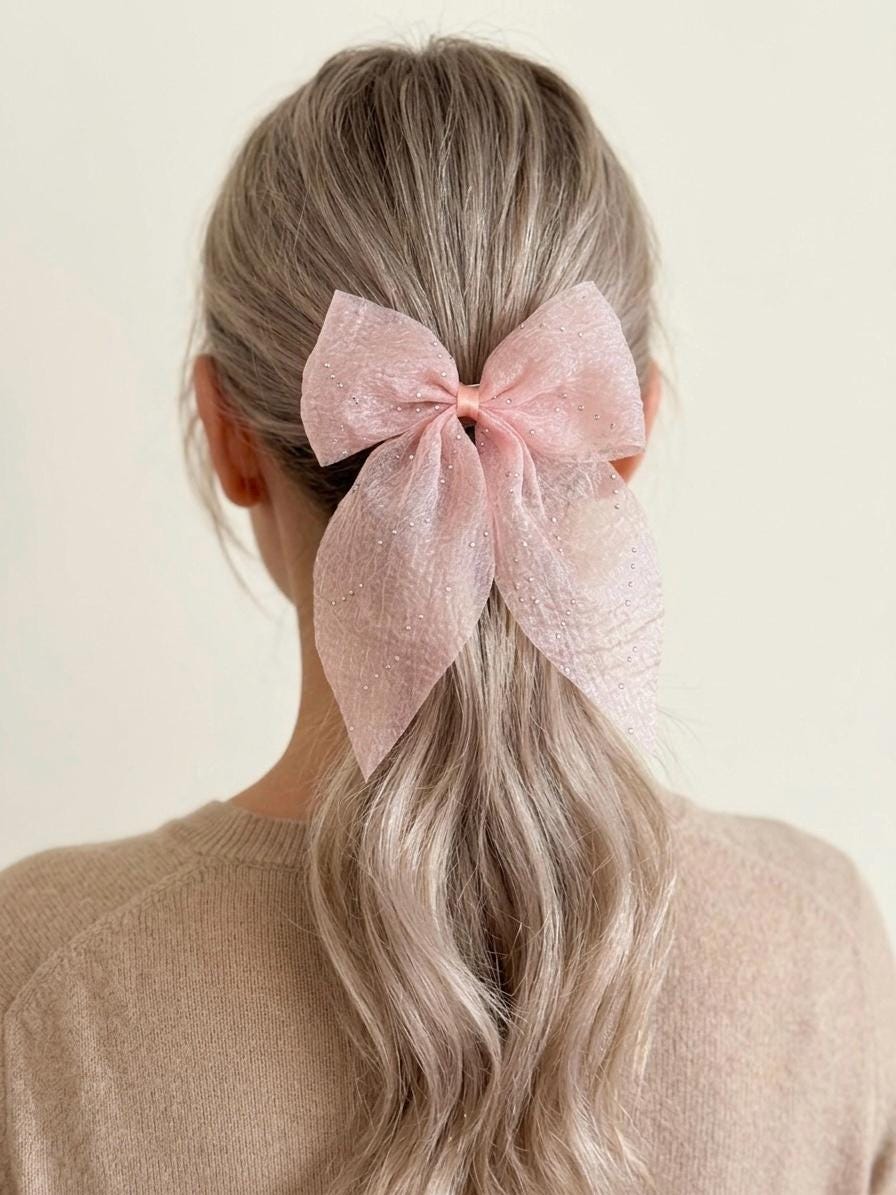 Sparkly Organza Hair Bow with Tails, Rhinestone Crinkle Texture Clip
