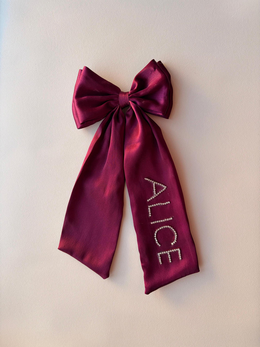 Personalized Rhinestone Satin Hair Bow, Oversized Long Tail Ribbon Clip
