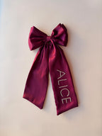 Personalized Rhinestone Satin Hair Bow, Oversized Long Tail Ribbon Clip