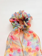 Chiffon Scarf Scrunchie, Long Tail Ribbon Bow, Boho Ponytail Holder, Floral Hair Accessory
