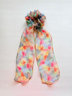 Chiffon Scarf Scrunchie, Long Tail Ribbon Bow, Boho Ponytail Holder, Floral Hair Accessory