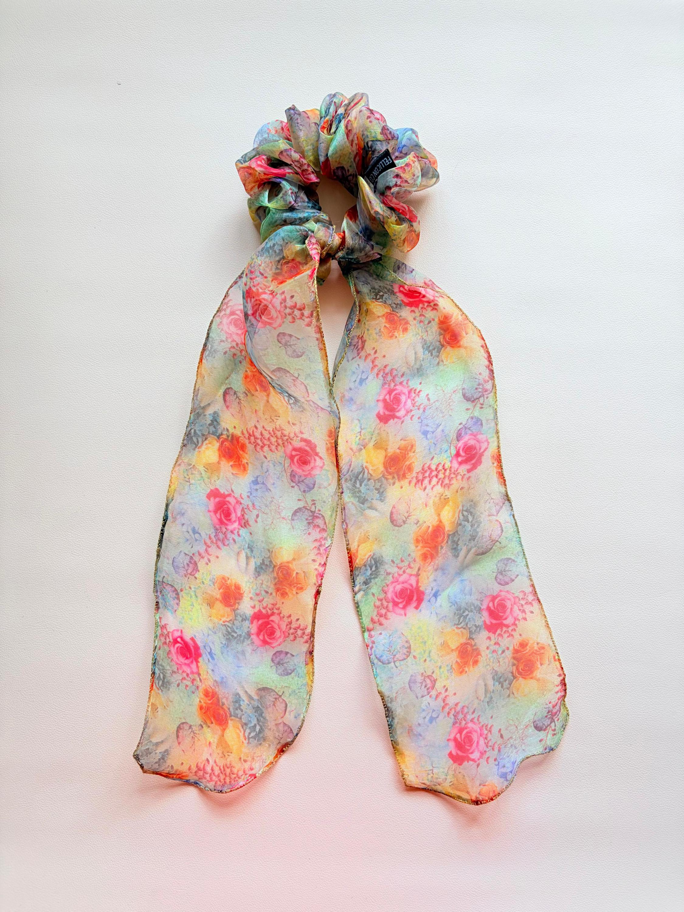 Chiffon Scarf Scrunchie, Long Tail Ribbon Bow, Boho Ponytail Holder, Floral Hair Accessory