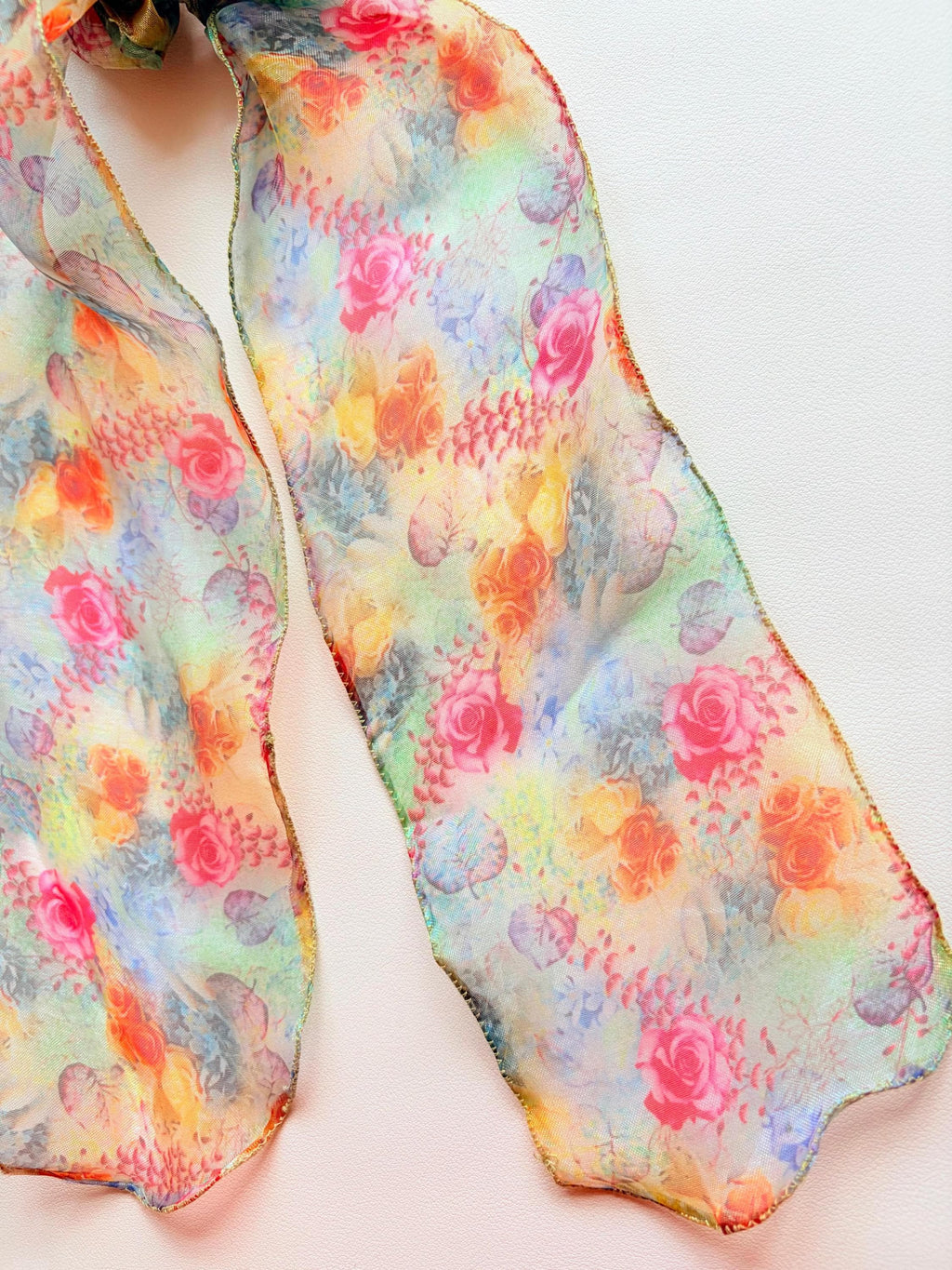 Chiffon Scarf Scrunchie, Long Tail Ribbon Bow, Boho Ponytail Holder, Floral Hair Accessory