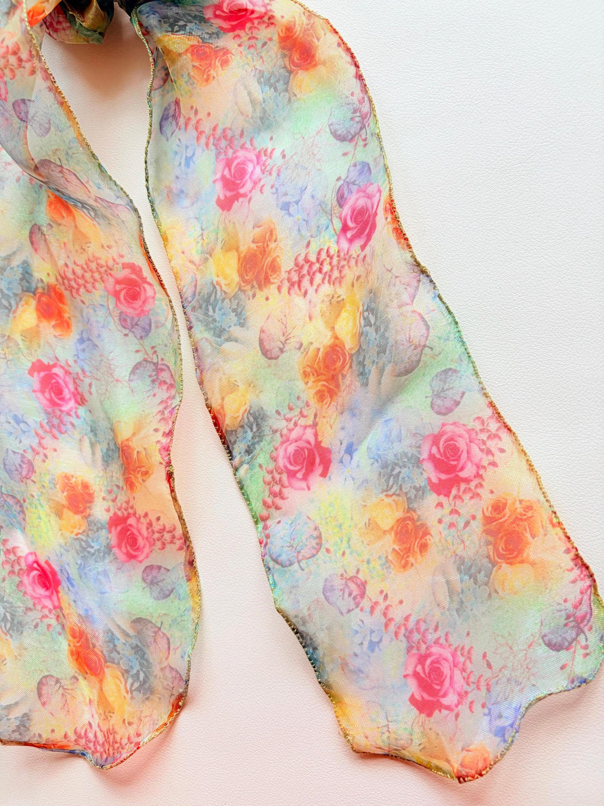 Chiffon Scarf Scrunchie, Long Tail Ribbon Bow, Boho Ponytail Holder, Floral Hair Accessory