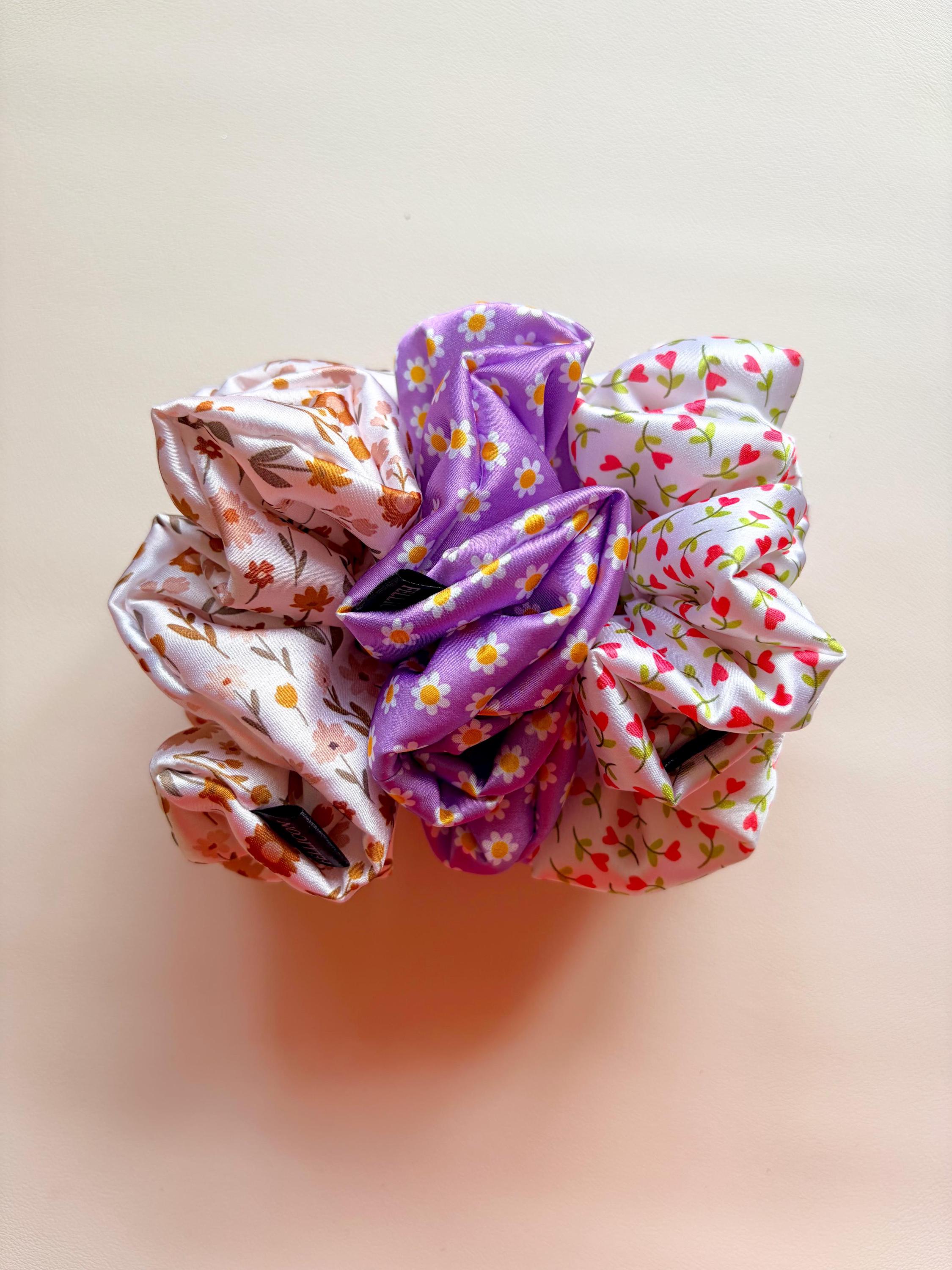 Oversized Floral Satin Scrunchie, Jumbo Silk Hair Tie, Cottagecore Style Accessories