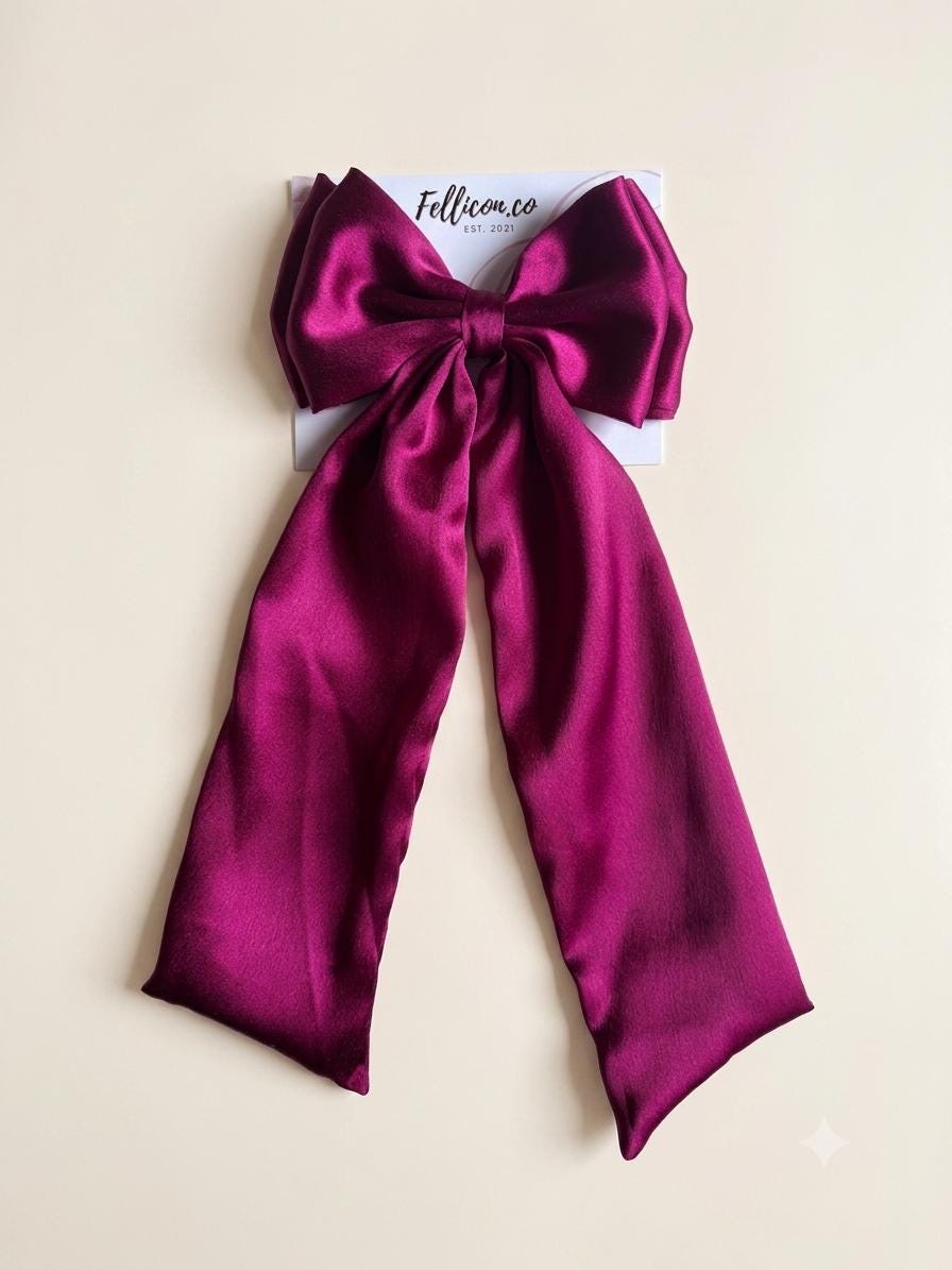 Magenta Satin Long Tail Hair Bow, Oversized Coquette Clip, Elegant Bridal Bridesmaid Accessory